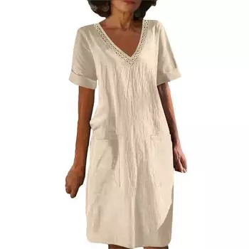 Платье средней длины из хлопка и льна с V-образным вырезом и короткими рукавами для женщин XL