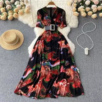 Платье средней длины RUGOD с принтом темперамента, платье богини с кружевом на талии, уменьшающее возраст, элегантное свободное платье