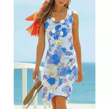 Платье средней длины с цветочным принтом и U-образным вырезом без рукавов для пляжного отдыха для женщин, повседневные платья S синий