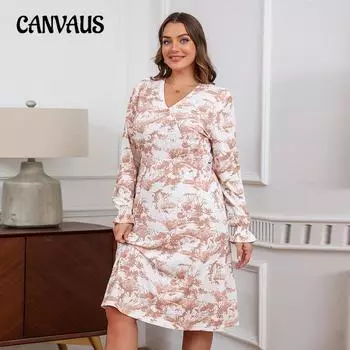 Платье средней длины с V-образным вырезом и принтом чернил, женское платье больших размеров с эластичной талией и длинными рукавами 1XL хаки