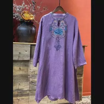 Платье средней длины с вышивкой весна/лето: Этнический китайский стиль, рукава-девятиконки, круглый вырез, тяжелая вышивка Extra-large XXXL