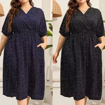 Платье средней длины Женское летнее темпераментное элегантное праздничное платье в горошек больших размеров XL синий