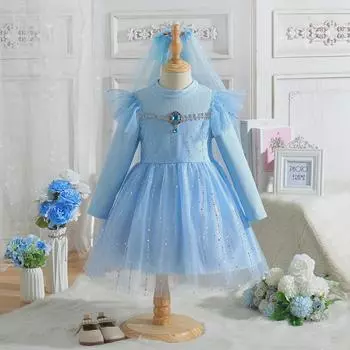 Платье Starry Sky Princess для девочек — юбка из пышной ткани с длинными рукавами на весну и осень 2025 г. (Корейский стиль) 130 cm