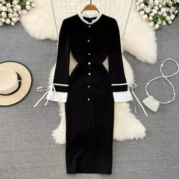 Платье-стойка с лоскутным принтом, имитация двух частей, Vestidos De Mujer, элегантное, винтажное, шикарное, на пуговицах, комплект высокого класса, халат Sweet Femme S чёрный