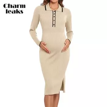 Платье-свитер Charmleaks для беременных, осень 2024, облегающие платья миди с воротником для фотосессии, празднование рождения ребенка S чёрный