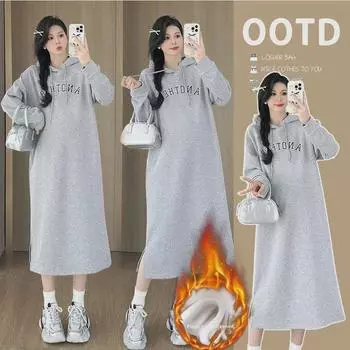 Платье-свитер для беременных осень/зима: Плюс бархат, средней длины, свободный и модный для будущих мам 2XL