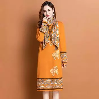 Платье-свитер для женщин осень/зима свободного покроя с принтом больших размеров, миди, А-силуэта, трикотажное платье с шарфом L чёрный