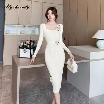 Платье-свитер для женщин во французском стиле, осень-зима, бежевое, черное, с цветочным принтом, облегающее, эластичное, трикотажное платье, элегантное, женственное, трикотажное платье One Size чёрный