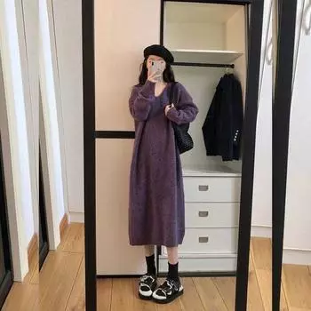 Платье-свитер из мягкой клеевой шерсти, свободное прямое платье-свитер, минималистичное длинное осенне-зимнее одинаковое пальто, трикотажное платье с v-образным вырезом для женщин One Size чёрный