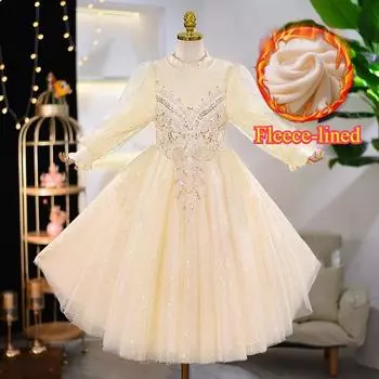 Платье-свитер на флисовой подкладке для девочки Платье-цветочница Платье принцессы Платье-хост с утеплителем на флисовой подкладке 110cm белый