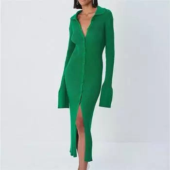 Платье-свитер на пуговицах с расклешенными рукавами, сексуальное вязаное платье, женский свитер с длинным рукавом, вечернее платье, женский пуловер, свитер, джемпер S чёрный