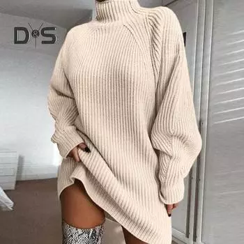 Платье-свитер однотонного цвета с полувысоким воротником и длинным рукавом, свободный крой, трикотажное платье мини-платье осень-зима, трикотаж S красный