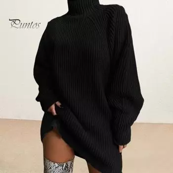 Платье-свитер однотонного цвета с полувысоким воротником и длинным рукавом, свободный крой, трикотажное платье мини-платье осень-зима, трикотаж S красный