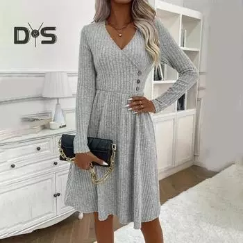 Платье-свитер осень-зима с V-образным вырезом, А-силуэта, трикотажное, с пуговицами, декором в стиле пэчворк, с длинными рукавами, большим подолом, платье миди для поездок на работу, свиданий, повседневного ношения S светло-серый