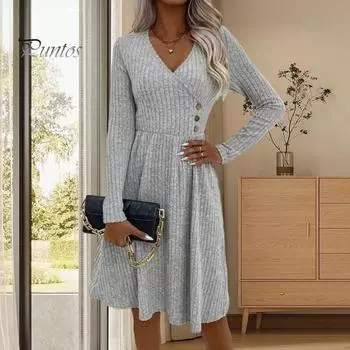 Платье-свитер осень-зима с V-образным вырезом, А-силуэта, трикотажное, с пуговицами, декором в стиле пэчворк, с длинными рукавами, большим подолом, платье миди для поездок на работу, свиданий, повседневного ношения S светло-серый