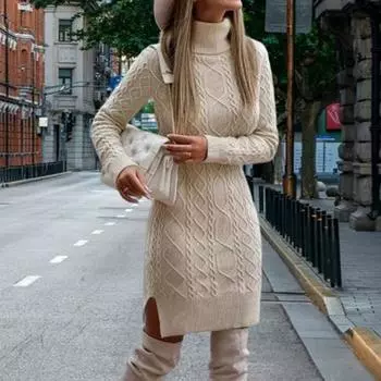 Платье-свитер осень-зима с высоким воротником и защитой шеи, облегающее, с разрезом по низу, короткое платье с длинными рукавами, трикотажная витая текстура, мини-платье для свиданий и поездок на работу M верблюд