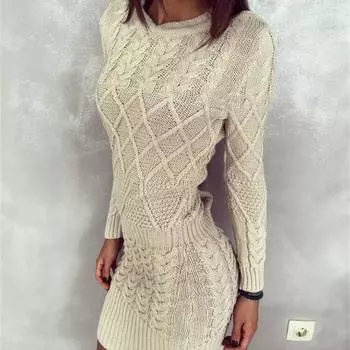 Платье-свитер осень-зима женское теплое женское облегающее платье с длинным рукавом повседневное трикотажное платье S бежевый