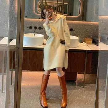 Платье-свитер, осенне-зимнее однотонное шерстяное платье средней длины в стиле ретро, гонконгское женское платье с темпераментными лацканами, длинное вязаное платье One Size красный