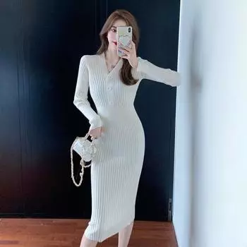 Платье-свитер Pre-Fall с ретро-линией и V-образным вырезом, длинная юбка, облегающее платье-свитер выше колена, универсальное платье One Size хаки