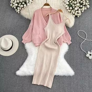 Платье-свитер, приталенный жилет с бедрами, вязаное платье, модная свободная куртка с v-образным вырезом из двух предметов, осенняя