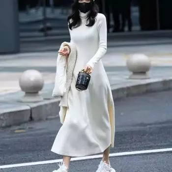 Платье-свитер, пуловер, женское осенне-зимнее платье-свитер во французском стиле со знаменитостями, однотонное вязаное нижнее платье с высоким воротом для женщин One Size чёрный