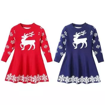 Платье-свитер с длинными рукавами и принтом снежинки и лося для девочек от 2 до 7 лет, вязаное платье-свитер, рождественская одежда 140