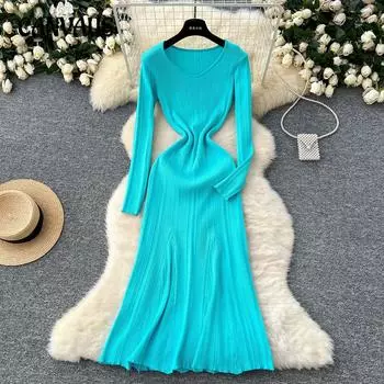 Платье-свитер с длинными рукавами и V-образным вырезом в стиле французского ретро для женщин, облегающее платье-свитер с заниженной талией One Size озеро синий