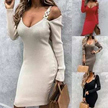 Платье-свитер с металлическими ведрами и низким вырезом, с длинными рукавами и открытыми плечами, женское платье миди, трикотаж 2XL бежевый