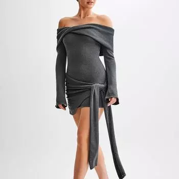 Платье-свитер с открытыми плечами и ребристым вязанным узором для женщин, облегающее мини-платье с длинными рукавами и складками, женские весенне-осенние трендовые сексуальные струящиеся платья S серый