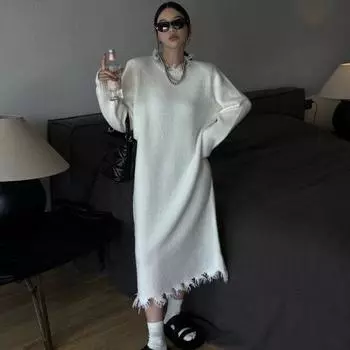 Платье-свитер средней и длинной длины свободного кроя выше колена, осенне-зимний новый корейский вариант, вязаный свитер для женщин one size белый
