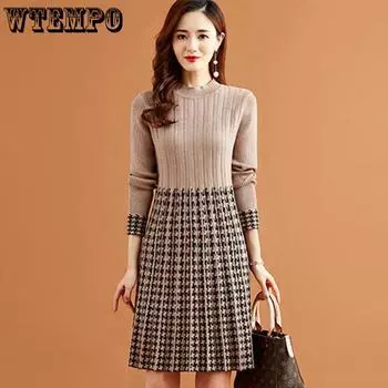 Платье-свитер средней и длинной длины для женщин с длинными рукавами и тонким трикотажным платьем в клетку S чёрный