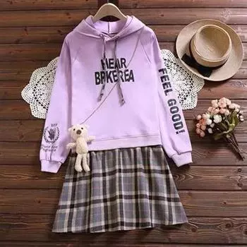 Платье-свитер в клетку с длинными рукавами для девочек — весенне-осенний комплект из двух частей 120 cm