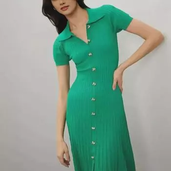 Платье-свитер в полоску с французским воротником-поло, золотистыми пуговицами, узкой талией, короткими рукавами и ажурным трикотажным узором Large