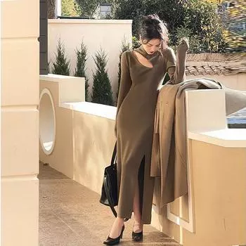 Платье-свитер в стиле ретро, женское весенне-осеннее вязаное платье с высоким воротом и вырезом, длинный рукав, средней длины, женский пуловер One Size чёрный