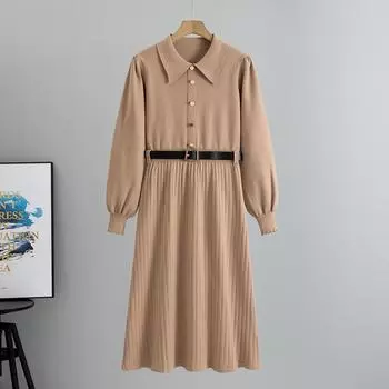 Платье-свитер весна-осень для женщин с длинным рукавом и пуговицами, элегантные формальные платья миди, женское однотонное повседневное платье-свитер А-силуэта с плиссировкой и облегающим кроем one size fits all хаки