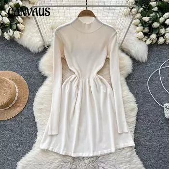 Платье-свитер внутри, женское, осенне-зимнее, с тонкой талией, темпераментное, маленькое, А-силуэтное платье, трикотажное платье с низом One Size абрикосовый