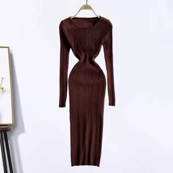 Платье-свитер Yousheng Lady, обтягивающее, с высокой эластичностью, с круглым вырезом, с длинными рукавами, облегающее, миди-платье, трикотажное, однотонное, с узкой талией, для свиданий синий