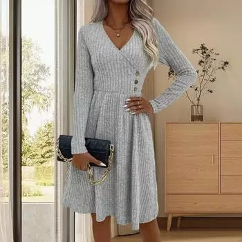 Платье-свитер Yousheng осень-зима с V-образным вырезом, А-силуэтом, трикотажным декором на пуговицах, с длинными рукавами, большим подолом, платье миди для поездок на работу, свиданий, повседневного ношения S светло-серый