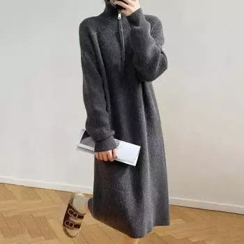 Платье-свитер Yousheng Winter с отложным воротником на молнии, длинными рукавами, свободное трикотажное платье миди с однотонной полосатой текстурой абрикосовый