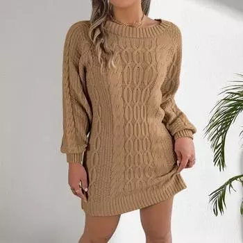 Платье-свитер Yousheng Winter, трикотажное эластичное, толстое, с круглым вырезом, длинными рукавами, однотонное, облегающее, с рукавами-фонариками, длиной выше колена, мини-платье S армия зеленый