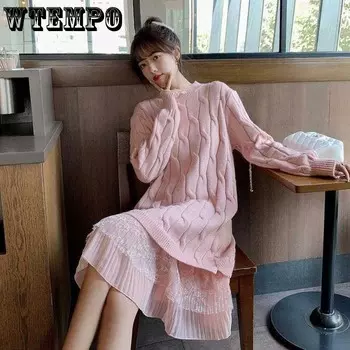 Платье-свитер Женская базовая юбка выше колена Пуловер средней длины с круглым вырезом Теплый свитер с длинными рукавами и кружевом Свободный сладкий ветер XL