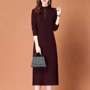 Платье-свитер женское осенне-зимнее шерстяное платье свободное вязаное платье с половиной высокого воротника и длинными рукавами свитер пуловер женский