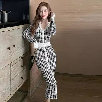 Платье-свитер женское осеннее женское платье с v-образным вырезом и длинными рукавами в клетку в клетку, трикотажное платье средней длины, платье до бедра с запахом, платье выше колена One Size белый
