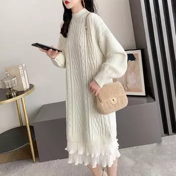 Платье-свитер Женское шерстяное платье средней длины на осень и зиму носит свободный и стильный вязаный нижний пуловер