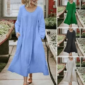 Платье Свободное Сплошной цвет Круглый вырез Длинные рукава Карманы Трапеция Большой подол Мягкая плиссировка 4XL небесно-голубой