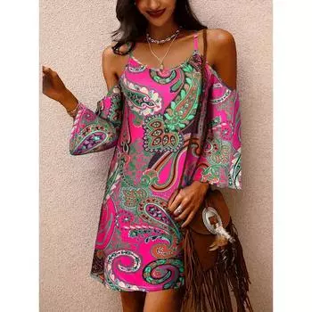 Платье свободного кроя с принтом пейсли и открытыми плечами, винтажное платье с длинными рукавами на весну и осень, низкий круглый воротник с открытыми плечами S