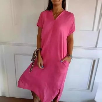 Платье свободного кроя с V-образным вырезом и короткими рукавами для женщин S красный