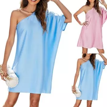 Платье свободного кроя средней длины с открытыми плечами L розовый