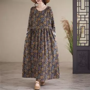 Платье свободного покроя из хлопка и льна с круглым вырезом и длинными рукавами для женщин large size L