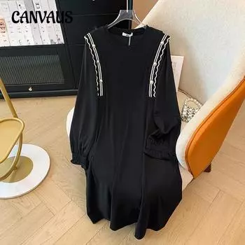 Платье свободного покроя с длинными рукавами для женщин размера «плюс» на осень-весну 2XL чёрный